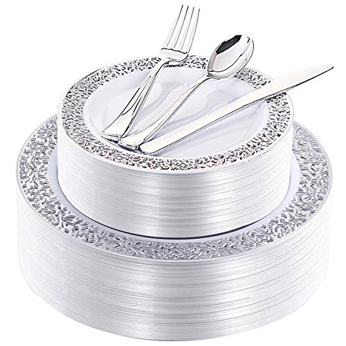 180 Pieces Silver Plastic Plates with Disposable Silverware, Lace Design Silver Plates Includes