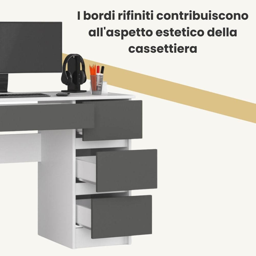 AKORD | Scrivania A-7 | 4 Cassetti | Office Desk | Scrittoio per Ufficio | Per Computer PC Laptop | Al lavoro | A casa | 50x90x77 cm | Bianco/Grigio grafite