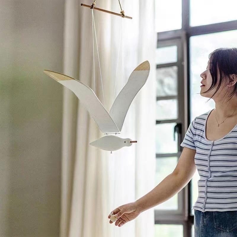 Soaring Seagulls Hanging Mobile Wing Wood Flying Seagull Decor Ceiling Creative Pendant Unique Home Nautical Wall Outdoor Decoration Mediterranean Festival Window Balcony Garden Wooden Model Ornament