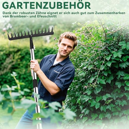 Harke Garten mit Stiel, Gartenrechen aus Metall mit 14 Zinken, Laubrechen mit Edelstahl Stiel zum Lockern von Boden und Nivellieren von Rasen, Gartenzubehör Rasenrechen Robuste