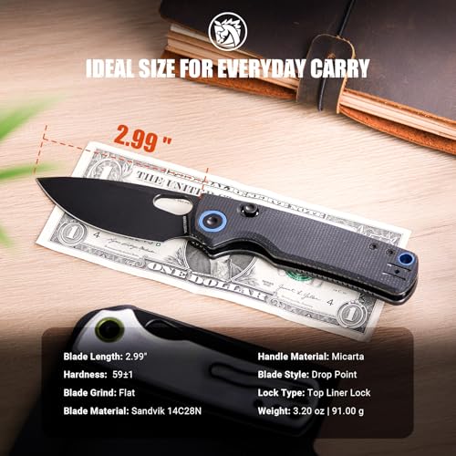 Image of Vosteed Porcupine EDC Folding Knife, 2.99'' 14C28N Steel Big Belly Blade, Top Liner Lock Micarta Handle - Lightweight Pocket knives for Men & Women Camping Hiking - A2601