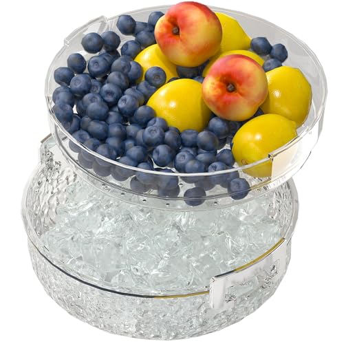 Vurlexat Fruit Chilled Veggie Tray, Ice Serving Tray with Buckle and Lid, Removable Colding Food Platter Clear Snack Box Bowl with Draining Holes for Salad, Drinks, Fruits, Vegetables Colding Serving