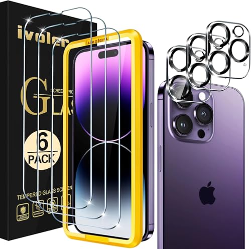 ivoler 3+3 Stück Panzer Schutz Glas Kompatibel für iPhone 14 Pro Max 6.7 Zoll, 3 Stücke Schutzfolie Mit 3 Stück Kamerasc...