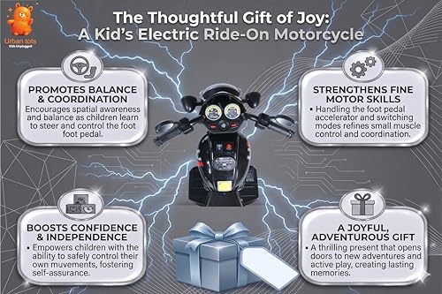 Image of Urban Tots 3-Wheel Electric Urban Bob Ride-On Bike for Kids | LED Lights, Music, USB & Bluetooth | Rechargeable Toy Bike | Age 3+ Years (Urban Bob, Black)