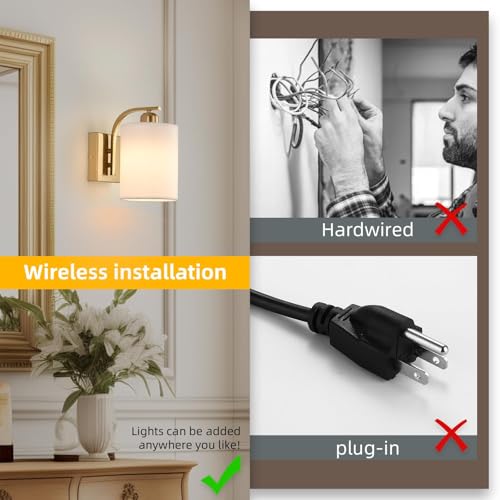 Image of Battery Operated Wall Sconce Set of 2, Gold Rechargeable Fabric Wall Lights with Remote Control,15 Colors Wireless Wall Sconce with 3000mAh Dimmable Detachable Bulb for Bedroom, Living Room, Hallway