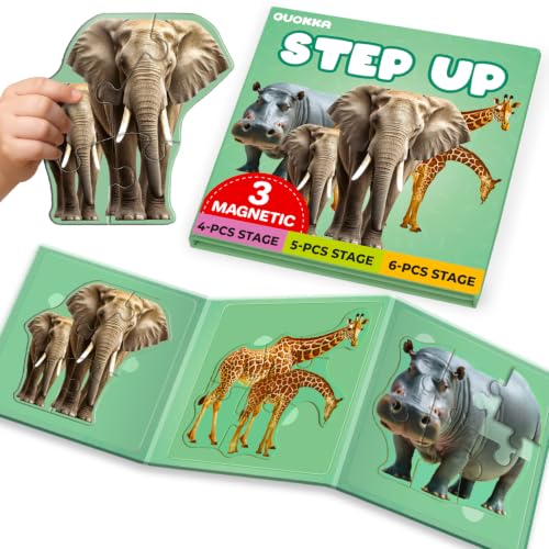 Image of QUOKKA Step Up Magnetic Puzzles for Toddlers 1-3, Safari Animals Puzzle Set in One Book, Travel Games for Kids 3-5, Screen Free Toy for Toddlers and Preschoolers