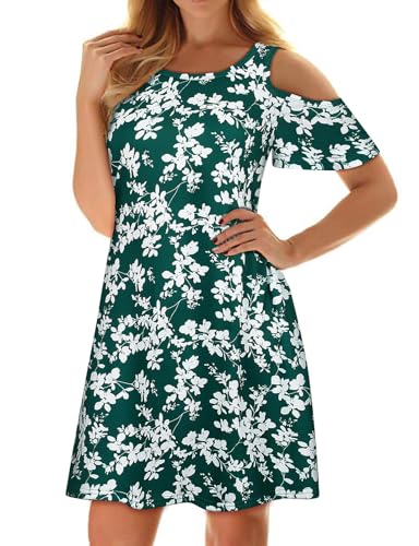 Image of Misyula Style Womens Summer Cold Shoulder Floral Flowy T-Shirt Dress with Pockets
