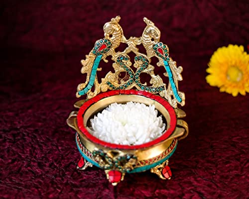 Urli de latón multicolor con figuras de loro centro de mesa tradicional de 8.5'' 2