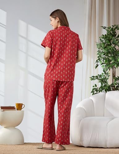 Image of Amazon Brand - Myx Women Cotton Shirt and Relaxed Pajama Set | Night Suit Set (Available in Plus Sizes)