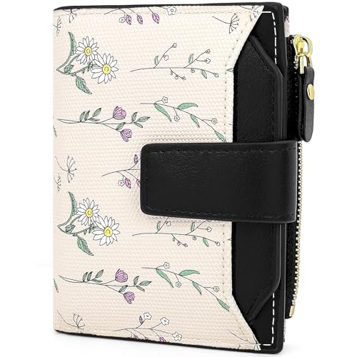 Small Wallet Womens Black Flower Cute Wallet for Women Slim Change Purse for Ladies Bifold Wallet Womens With Zipper Coin Pocket Purses Card Holder for Women