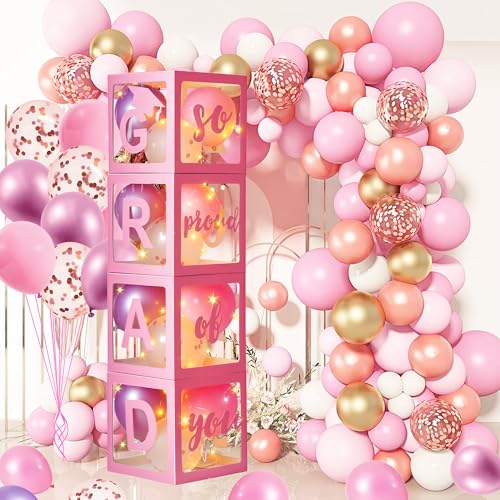 Image of AYGXU Graduation decorations class of 2026 pink- Graduation Decorations, Balloons Box (4PCS) with letters&balloons,2026 balloons,LED String Light,graduation party decorations