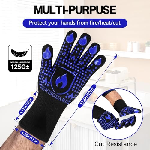 Image of BBQ & Grill Gloves, Oven Gloves, 1472F Silicone Oven Mitts Heat Resistant Grilling Gloves Fireproof Non-Slip for Barbecue Cooking Baking Smoking, 1-Pair (Blue, Medium)