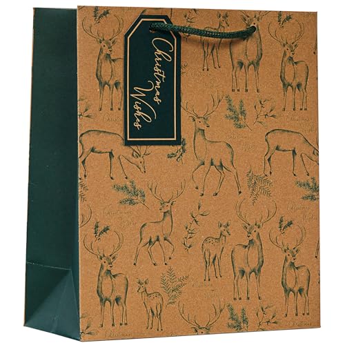 Image of Design By Violet Brown Kraft Paper Christmas Wishes Forest Reindeer and Stag Gift Bag - Medium - Eco Friendly for Christmas, Xmas, Festive Wrap With Gift Tag