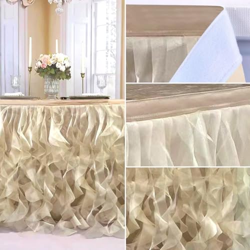 Image of Luxury Organza Mesh Table Skirt Draping Floating Romance - Perfect for Bridal Showers, Birthday Weddings - Clear Flowing Decoration for a Wonderful Main Cake Table (Champagne-9ft, 108 inchLx30 inchH)