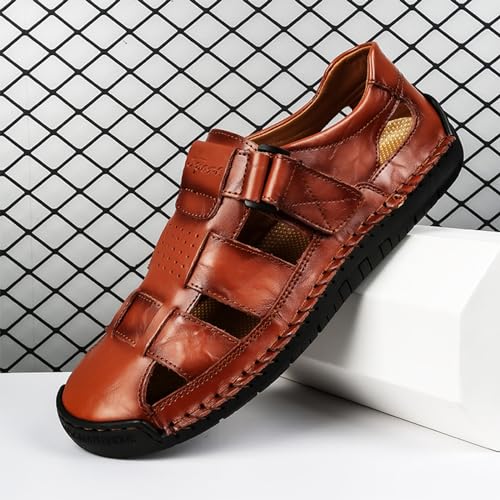 Men's Genuine Leather Handmade Hook Loop Fisherman Sandals Comfortable Hollow Non-Slip Walking Flats Slip On Closed Toe Soft Sole Breathable Summer Loafer Sandals4