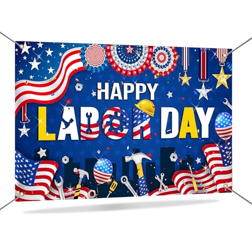 Mocsicka Happy Labor Day Backdrop Banner American Labor Day Celebration Party Decorations Blue Patriotic Flag Workers People Photography Background Outdoor Indoor