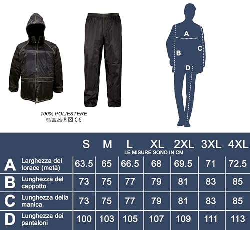 Auto Accessori Lupex - Regenanzug Wasserdichter winddichter, Größe M, Farbe schwarz, Set aus Regenjacke und Regenhose mit einziehbare kapuze, mit Tragetasche, Unisex Mann Frau