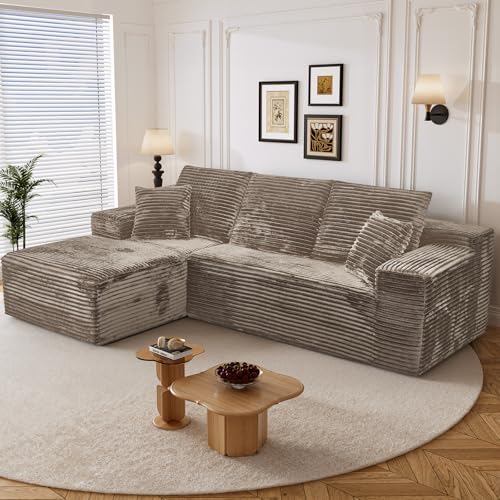 Image of 108 inch L Shaped Boneless Sectional Couches for Living Room, Comfy Corduroy Floor Cloud Sofa with Chaise, Wide Armrest, Deep Seat, Memory Foam, Assembly Free, Ideal for Small Spaces, Brown