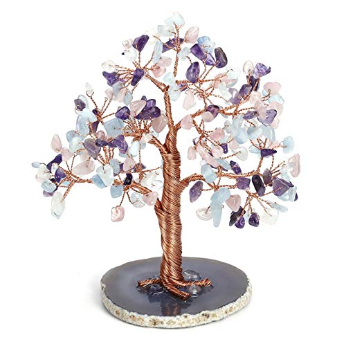Top Plaza Reiki Healing Crystals Copper Money Tree Wrapped On Natural Agate Slices Geode Base Crystal Home Office Desk Tree Decor Feng Shui Luck Figurine Statue -Amethyst & Rose Quartz & Aquamarine