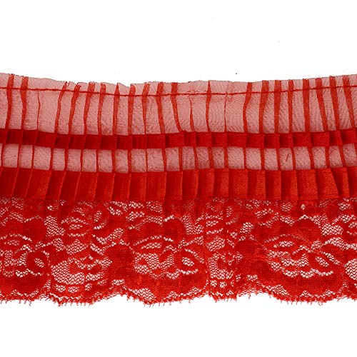 eJoyce 3-3/4\" Ruffled Pleated Chiffon with Lace Edge Trim by 2-Yards, HDL-050 (Red)