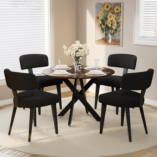 Image of Wood Dining Table Set for 4, 36 inch Round Kitchen Table with 4 Boucle Dining Chairs, MDF Tabletop with Metal Legs, Ergonomic Dining Chair with Metal Legs(Woodgrain Table)