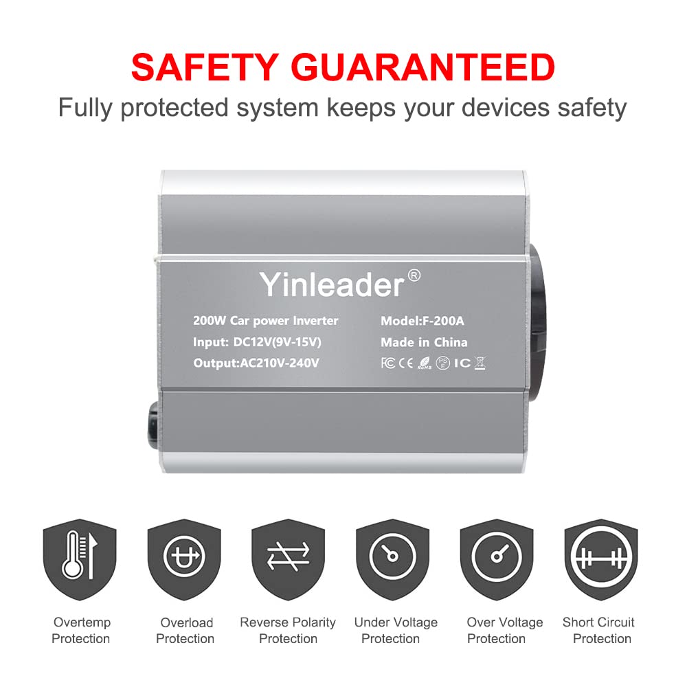 Yinleader Inverter da 200 W, 12 V a 230 V, 1 prese europee, 2 convertitori USB per auto, per caravan e campeggio