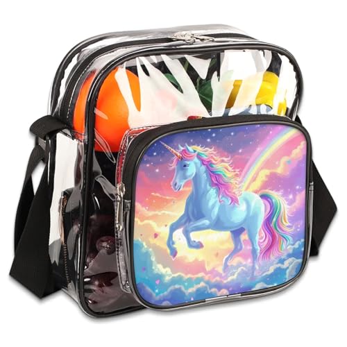 Clear Crossbody Bag Stadium Approved Animal Unicorn Rainbow Transparent Bag for Festivals, Sports Events, Concerts,Beach Bag for Women Men Clear Purse with Front Pocket Messenger Bag