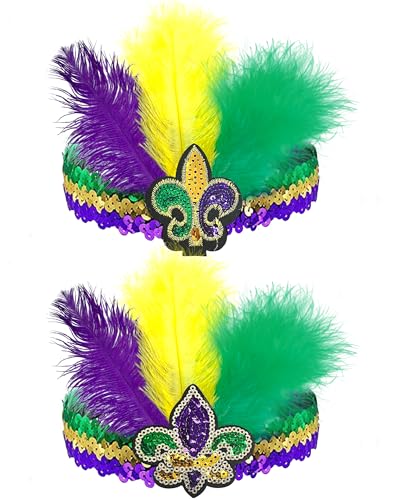 Wittocs 2 Pack Mardi Gras Feather Sequin Fleur De Lis Headband Purple Yellow Green Flapper Headband Cocktail Adjustable Headwear Carnival Parade Supplies Party Favor for Women