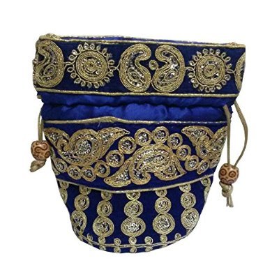 Purpledip Potli Bag (Clutch, Drawstring Purse) For Women With Intricate Gold Thread & Sequin Embroidery Work, Royal Blue Color (10536) - Image 2 thumbnail