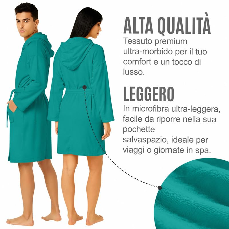 NARCISO - Accappatoio Uomo Donna Microfibra Economico con Tasche Cappuccio e Cintura, Ideale per Casa, Viaggio, Palestra, Tessuto Morbido e Comodo, Taglie dalla S alla XXL