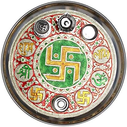 Minakari Pooja Thali Plate Rakhi Platter Engagement Plate Decorative Steel Puja Thali with Essential Pooja Articles , for Aarti Pooja Rituals Festival Wedding Decorations ,Gifting ( Size- 11")