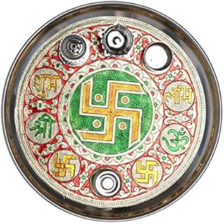 Minakari Pooja Thali Plate Rakhi Platter Engagement Plate Decorative Steel Puja Thali with Essential Pooja Articles , for Aarti Pooja Rituals Festival Wedding Decorations ,Gifting ( Size- 11")