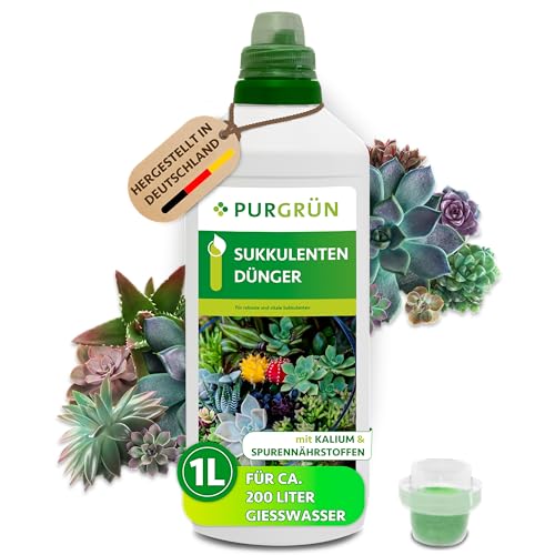 Purgrün® Sukkulenten-Dünger 1 Liter – Spurennährstoffe für kompaktes Wachstum – Extra Kalium stärkt die Widerstandskraft – Ergiebiges Konzentrat für 200 Liter Gießwasser – Premium-Flüssigdünger