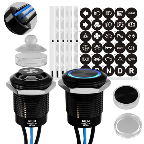 Image of 2-Pack 19mm Latching Push Button Switch IP67 20A 12V-24V Blue | Zink Aluminium 180 replaceable symbols for car truck motorcycle boat horn light fan pump control pre-wired easy install