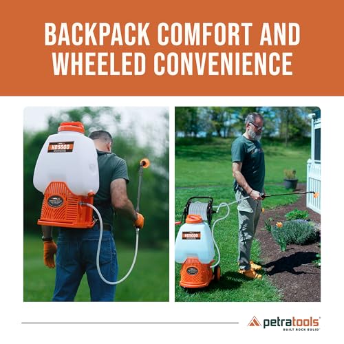 PetraTools Battery Backpack Sprayer with Custom Fitted Cart and 100 Foot Commercial Hose, 2 Hoses Included, Commercial Quality Heavy Duty Sprayer (HD5000 6.5-Gallon with Reel Cart)
