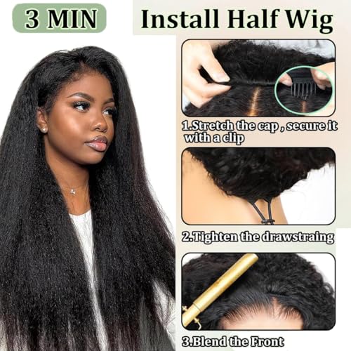3 In 1 Half Wig Human Hair 200 Density Kinky Straight Half Wig Wear And Go Glueless Wigs Human Hair Seamless Flip Yaki Straight Drawstring Wig Human Hair Invisible Hairline Beginner Friendly 16 Inch — view 2
