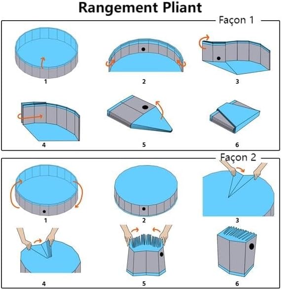 Diagrams illustrating two different methods for folding the pet pool for compact storage.