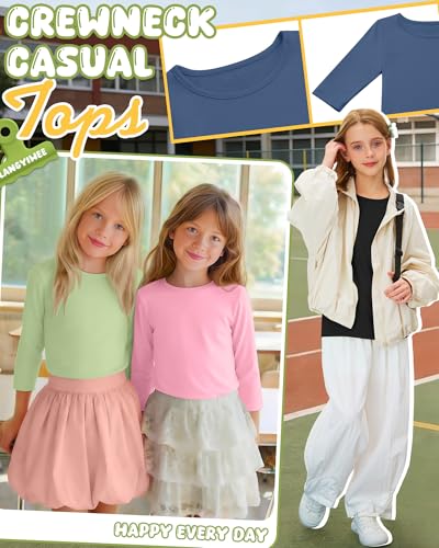 Image of 4 Pack Girls 3 /4 Sleeve T Shirts Kids Crewneck Elbow Sleeve Casual Tops Solid Basic Cute Teen Tees 5-14Y
