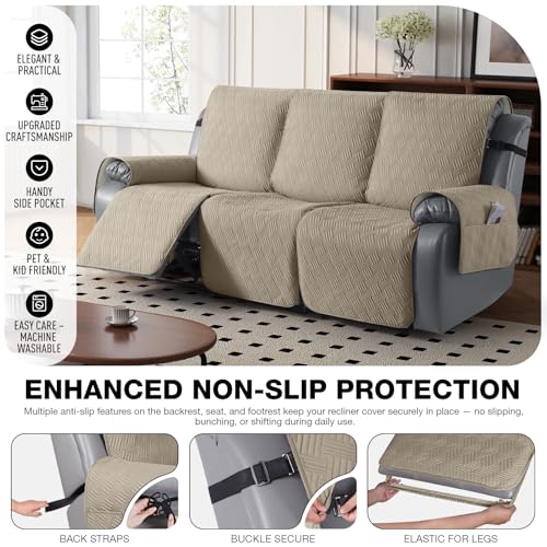 Image of KinCam Waterproof Recliner Chair Cover, Armchair Slipcover with Elastic Straps & Side Pocket, Anti Slip Couch Cover Sofa Protector for Dogs & Pets, Washable Armchair Cover 3 Seater, Taupe