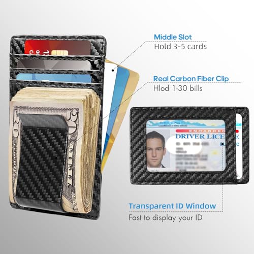 Travelambo Money Clip for Men Carbon Fiber Clip Wallet Leather Slim Minimalist Card Holder RFID Blocking (Weaved Black)2