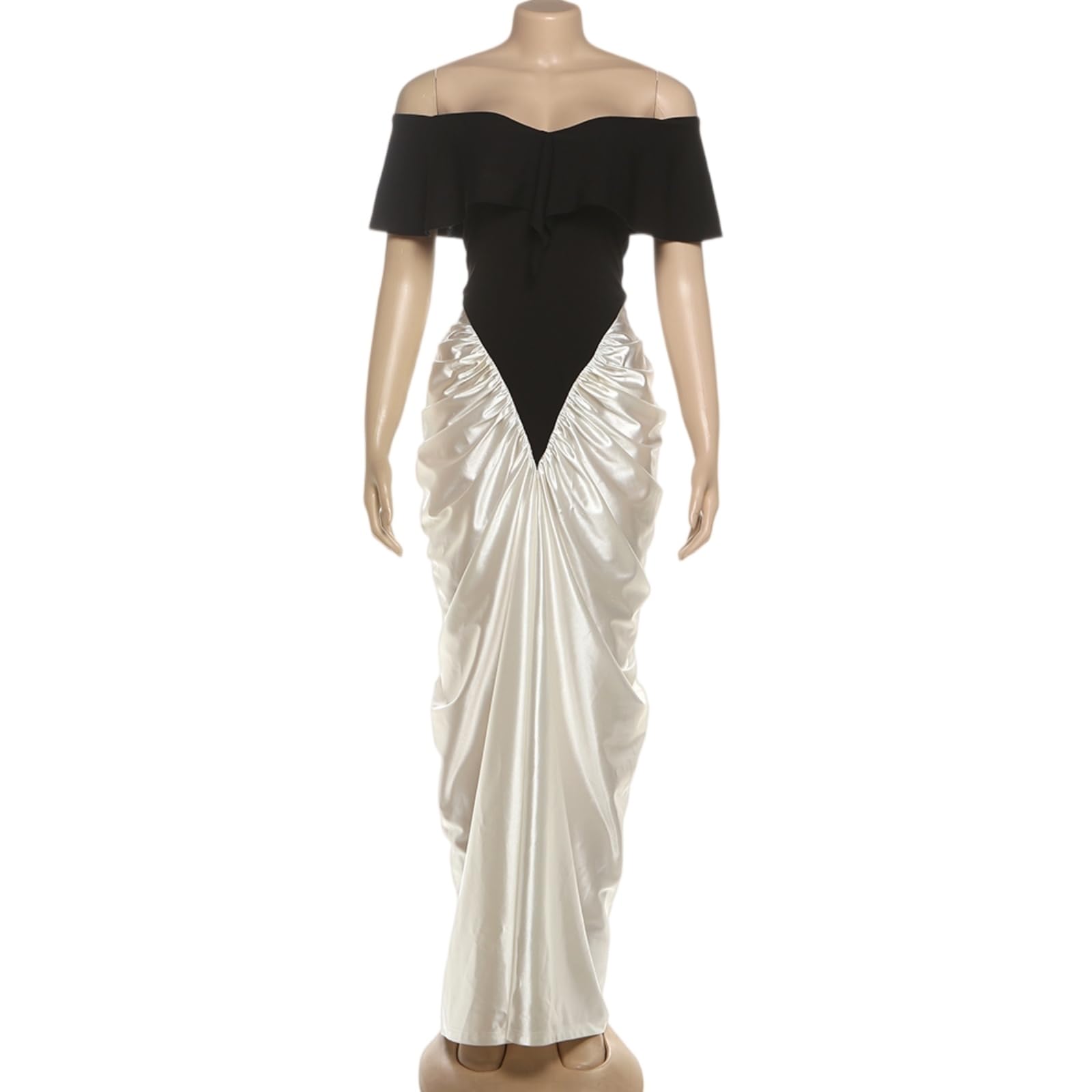 Vestito Donna Elegante Fuori Spalla Maxi Abito Contrasto Patchwork Ruched da Sera Senza Schienale per Party Wear-White-l