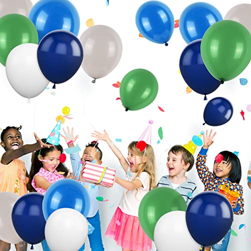 Image of Blue Green Balloons Set, 60PCS Green Blue White Birthday Balloons, 12 Inch Navy Blue Dark Green Grey Latex Balloons Helium for Boys Girls Birthday Baby Shower Jungle Safari Dinosaur Party Decorations