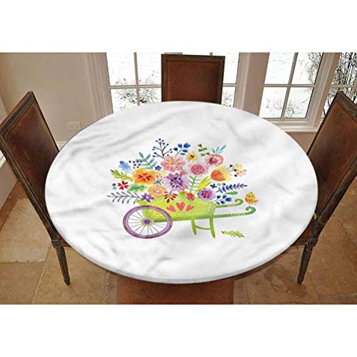 LCGGDB Flowers Elastic Edged Polyester Fitted Tablecolth -Wheelbarrow Flowers- XL Large Round Fitted Table Cover - Fits Tables up to 63