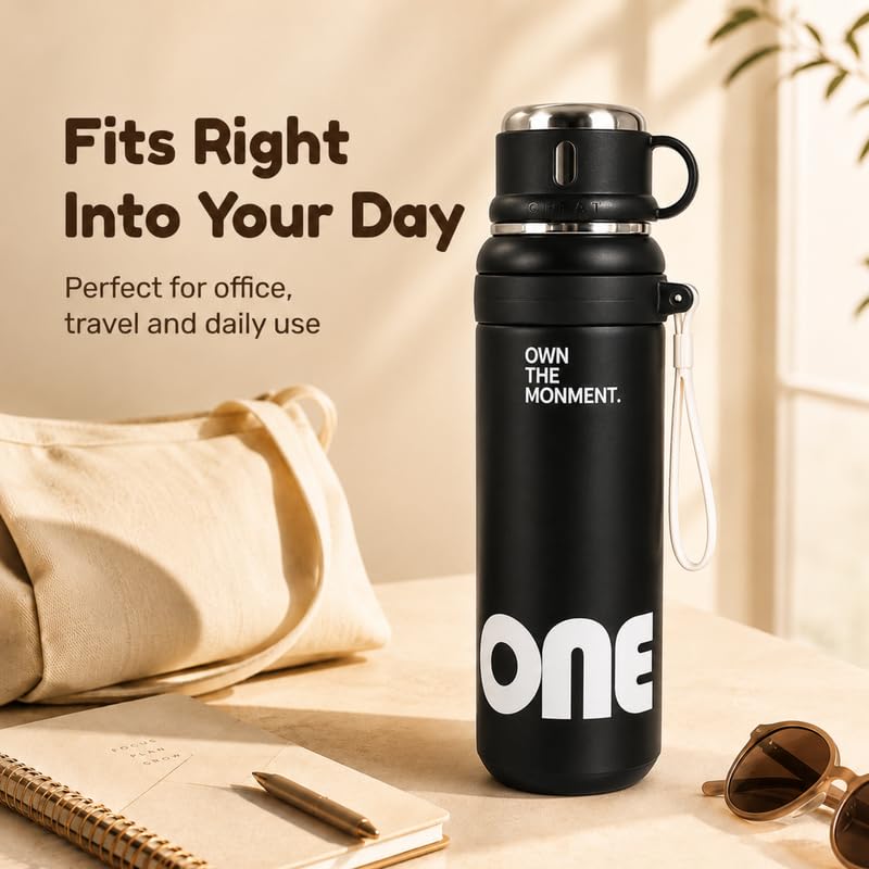 Image of Homero Premium Steel Bottle 1 Litre 1 L, Black Water Bottle with Cup & Straw, Leak Proof Sleek Metal Design for Office, Gym, School, College & Travel Use - Midnight Black