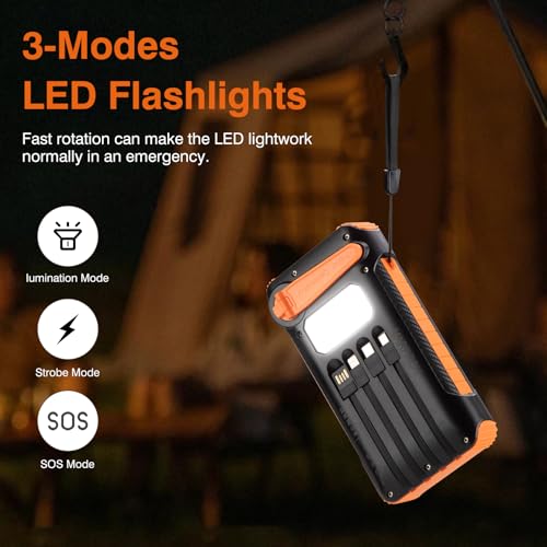 Image of Solar Power Bank 20000mAh Built in Hand Crank and 4 Cables,22.5W Fast Charge Power Bank Solar Portable Charger LEDs Flashlight,Fast Charging Battery Pack for Outdoor Camping Survival Gear