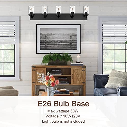 Melucee 5-Light Black Bathroom Light Fixtures With Clear Glass Shade, 40 Inches Length Vanity Lights Industrial Wall Mount Light For Bathroom Mirror, Powder Room Bedroom #TOP4