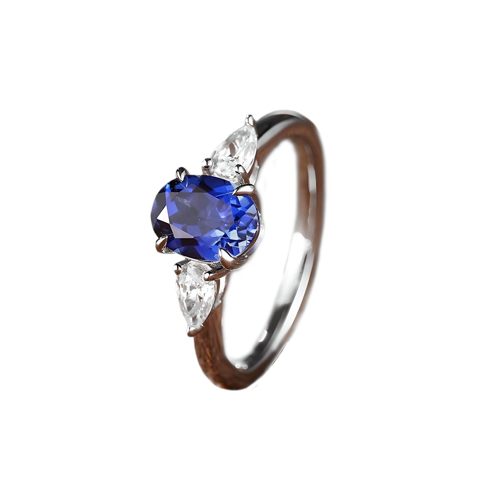 Anillo Mujer Alianza Oro Blanco 9 Kilates / 14 Kilates / 18 Kilates, 4 Garras Oval y Gota de Agua con Zafiro de 1,9 ct y Moissanita, Anillos de Matrimonio Plata Azul Mujer