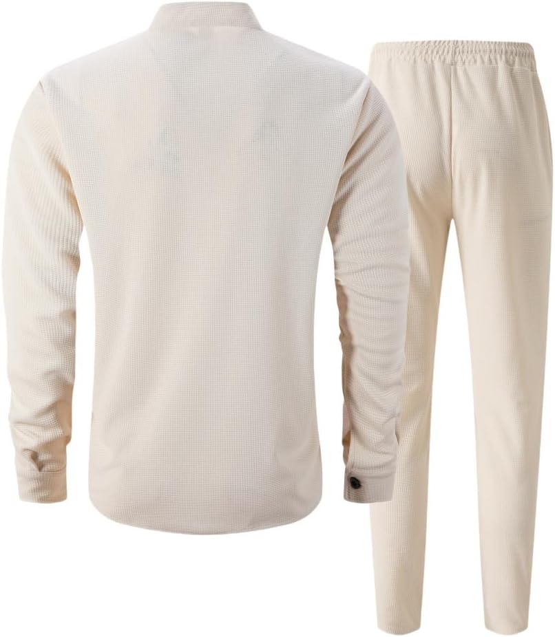 Men’s Casual Waffle Shirt Pants 2-Piece Set Solid Color Stand-Up Collar Button Shirts Joggers Tracksuits Long Sleeve Outfits