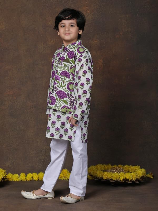 Image of superminis Boys Cotton Printed Full Sleeves Kurta With Ajrakh Printed Jacket and Pyjama Set