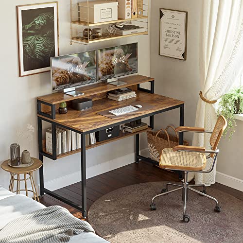 Cubiker Computer Home Office Desk, 47" Small Desk Table With Storage Shelf And Bookshelf, Study Writing Table Modern Simple Style Space Saving Design, Dark Rustic #TOP1